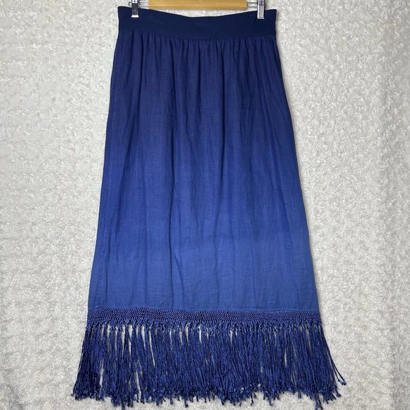 Chico's Skirt Women's Midi Medium Linen Fringe Tassels Navy Blue Pull On‎ Size 1 - Picture 1 of 6